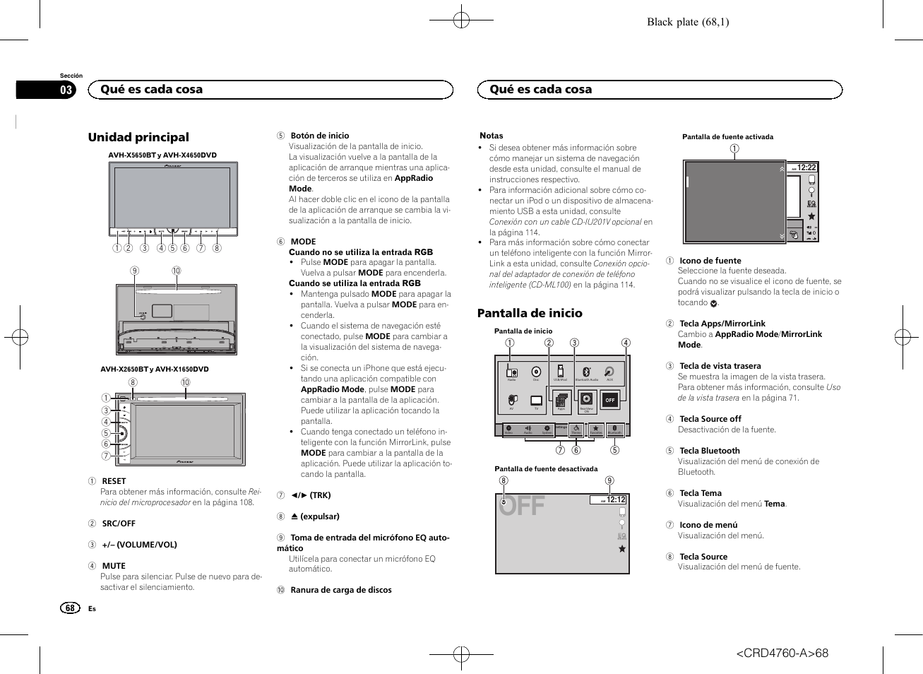 Qué es cada cosa unidad principal, Pantalla de inicio, Radio disc ipod bluetooth audio aux av | Unidad principal, Qué es cada cosa | Pioneer AVH-X2650BT User Manual | Page 68 / 200