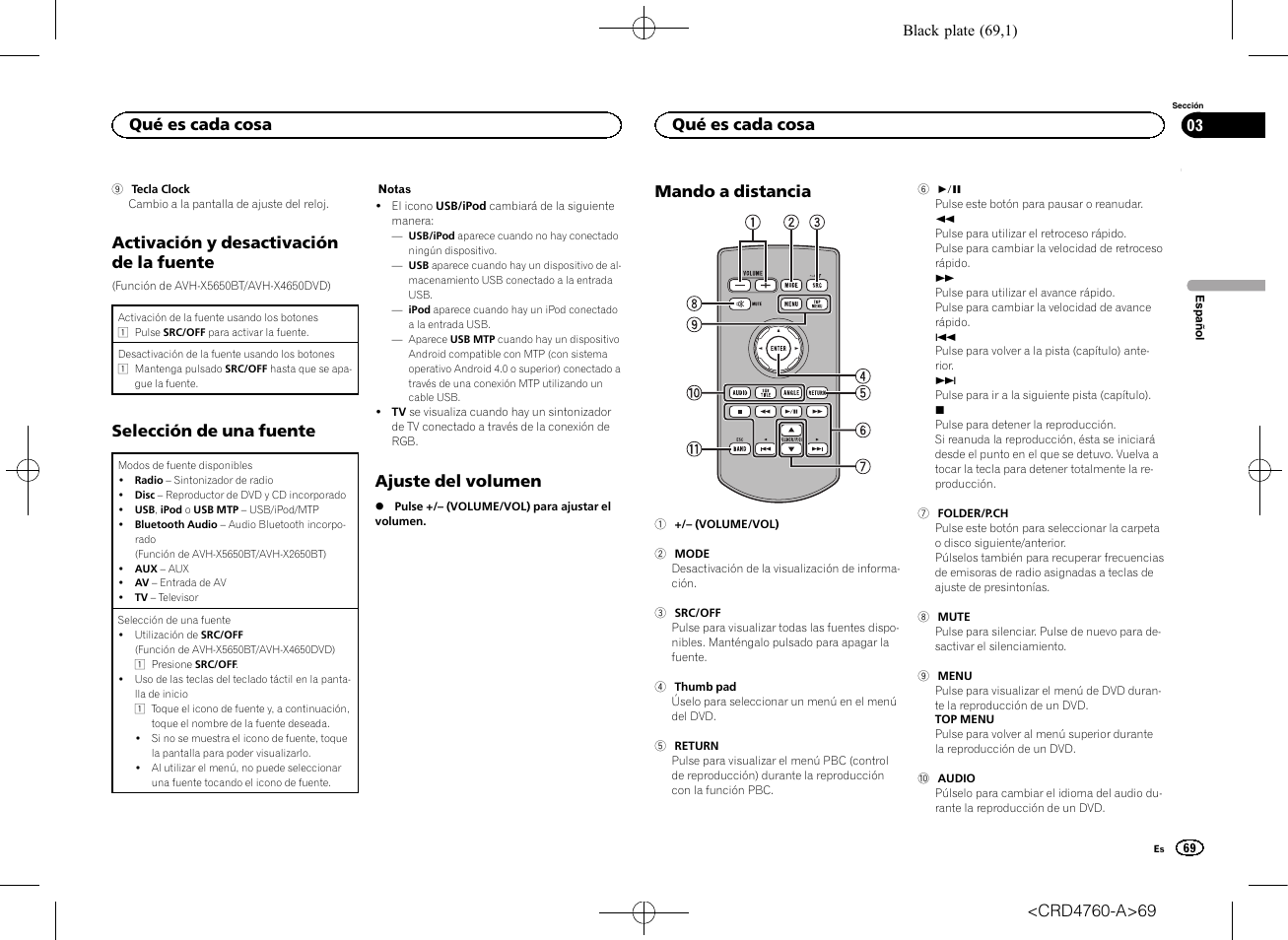 Activación y desactivación de la, Fuente, Selección de una fuente | Ajuste del volumen, Mando a distancia, Activación y desactivación de la fuente, Qué es cada cosa | Pioneer AVH-X2650BT User Manual | Page 69 / 200