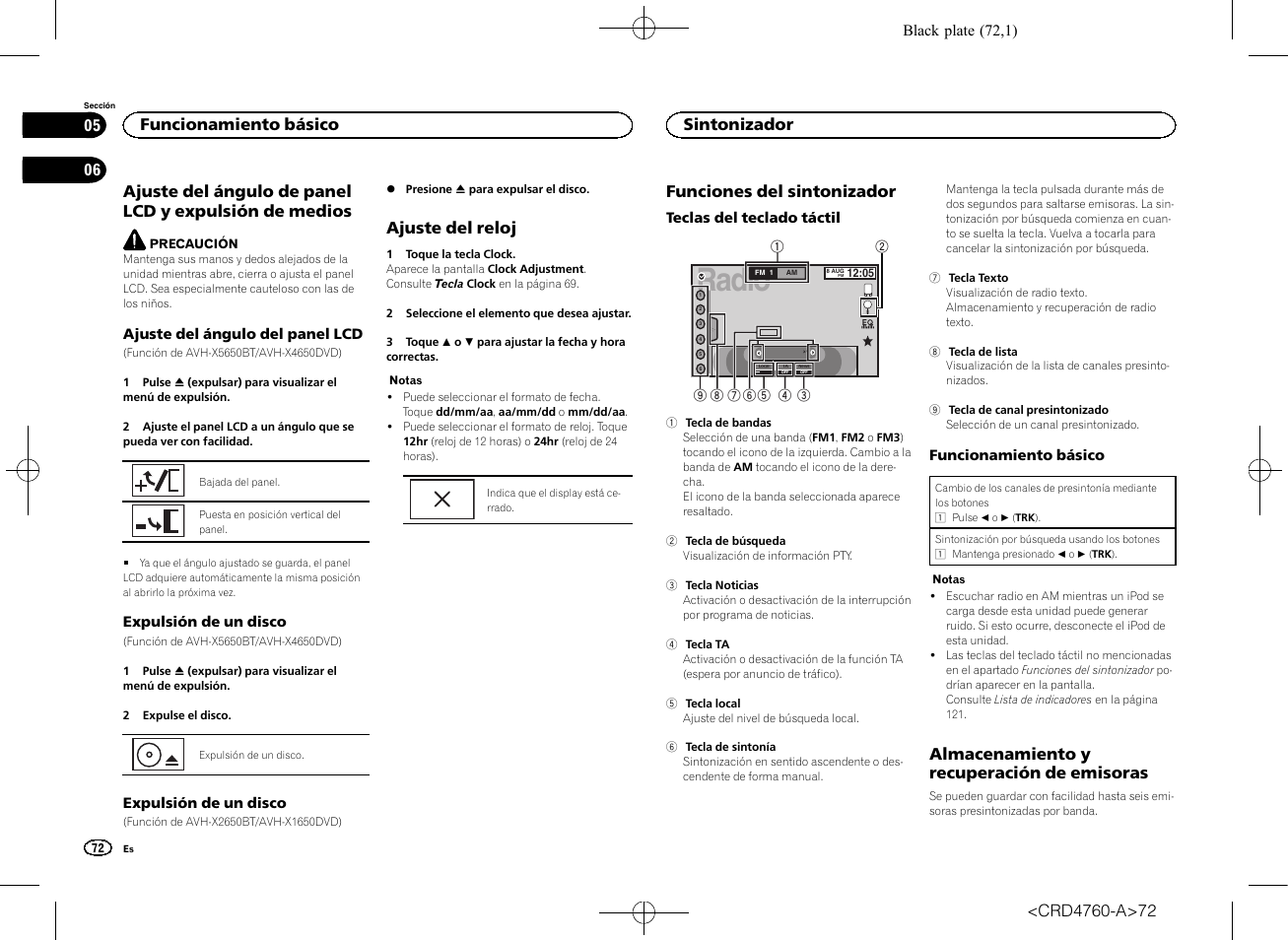 De medios, Ajuste del reloj, Sintonizador funciones del sintonizador | Almacenamiento y recuperación de, Emisoras, Radio, Funciones del sintonizador, Almacenamiento y recuperación de emisoras, Funcionamiento básico, Sintonizador | Pioneer AVH-X2650BT User Manual | Page 72 / 200