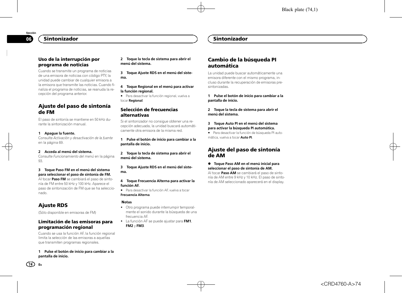 Ajuste del paso de sintonía de fm, Ajuste rds, Cambio de la búsqueda pi | Automática, Ajuste del paso de sintonía de am, Cambio de la búsqueda pi automática, Sintonizador | Pioneer AVH-X2650BT User Manual | Page 74 / 200