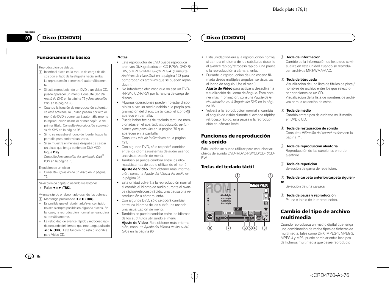 Funciones de reproducción de, Sonido, Cambio del tipo de archivo | Multimedia, Funciones de reproducción de sonido, Cambio del tipo de archivo multimedia, Disco (cd/dvd) | Pioneer AVH-X2650BT User Manual | Page 76 / 200