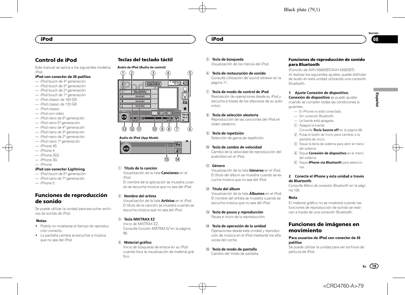 Ipod control de ipod, Funciones de reproducción de, Sonido | Funciones de imágenes en, Movimiento, Ipod, Control de ipod, Funciones de reproducción de sonido, Funciones de imágenes en movimiento | Pioneer AVH-X2650BT User Manual | Page 79 / 200