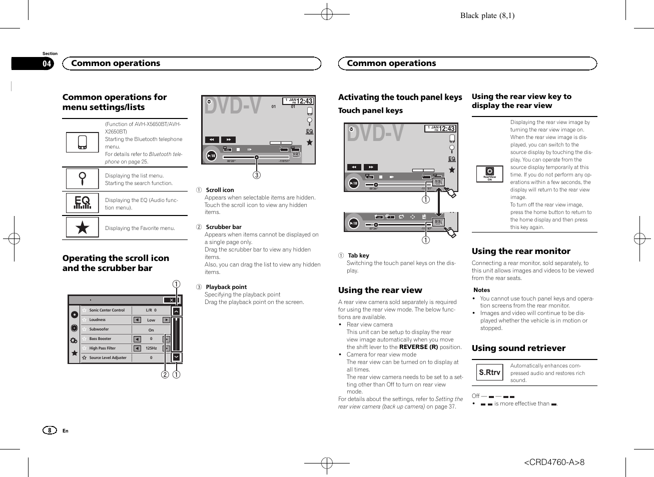 Lists, Operating the scroll icon and the scrubber, Activating the touch panel keys | Using the rear view, Using the rear monitor, Using sound retriever, Dvd-v, Common operations for menu settings/lists, Operating the scroll icon and the scrubber bar, Common operations | Pioneer AVH-X2650BT User Manual | Page 8 / 200