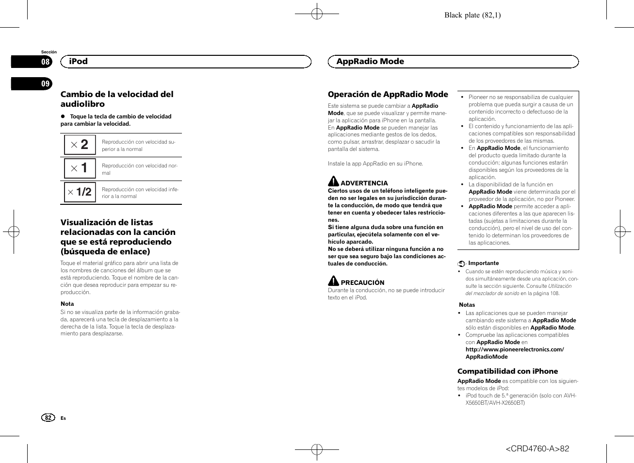 Cambio de la velocidad del audiolibro, Visualización de listas relacionadas con la, Appradio mode operación de appradio mode | Pioneer AVH-X2650BT User Manual | Page 82 / 200