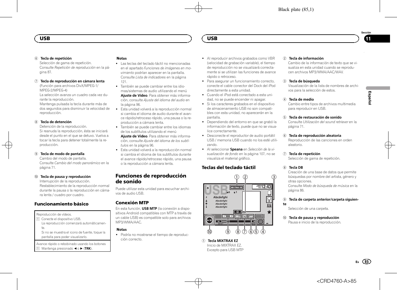 Funciones de reproducción de, Sonido, Funciones de reproducción de sonido | Pioneer AVH-X2650BT User Manual | Page 85 / 200