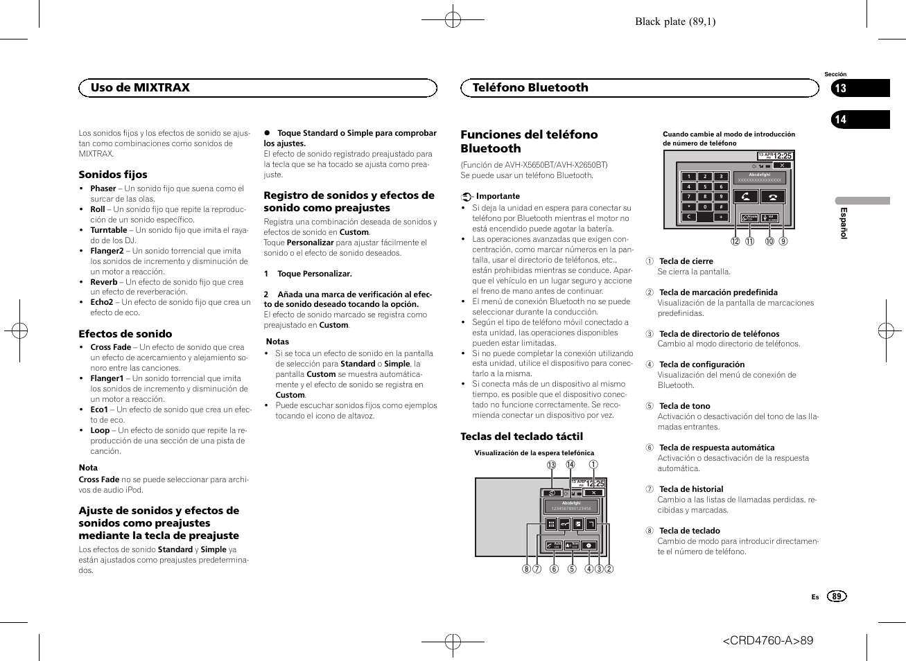 Funciones del teléfono bluetooth, Uso de mixtrax, Teléfono bluetooth | Black plate (89,1) | Pioneer AVH-X2650BT User Manual | Page 89 / 200