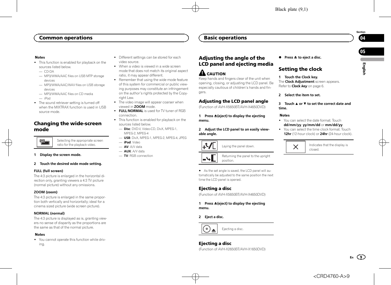 Changing the wide-screen mode, Ejecting media, Setting the clock | Common operations, Basic operations | Pioneer AVH-X2650BT User Manual | Page 9 / 200