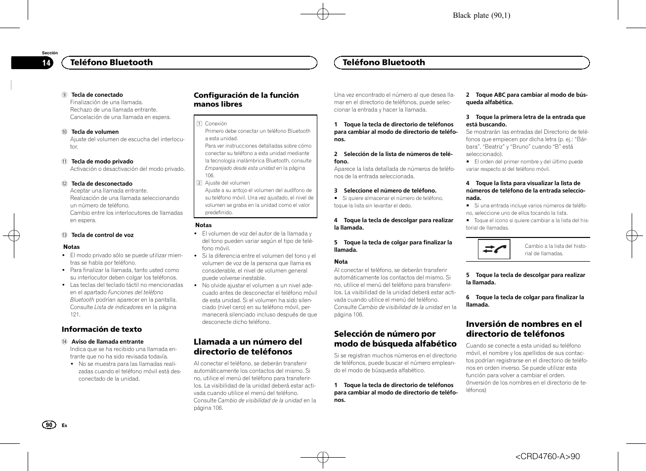 Llamada a un número del directorio de, Teléfonos, Selección de número por modo de | Búsqueda alfabético, Inversión de nombres en el directorio de, Llamada a un número del directorio de teléfonos, Inversión de nombres en el directorio de teléfonos, Teléfono bluetooth | Pioneer AVH-X2650BT User Manual | Page 90 / 200