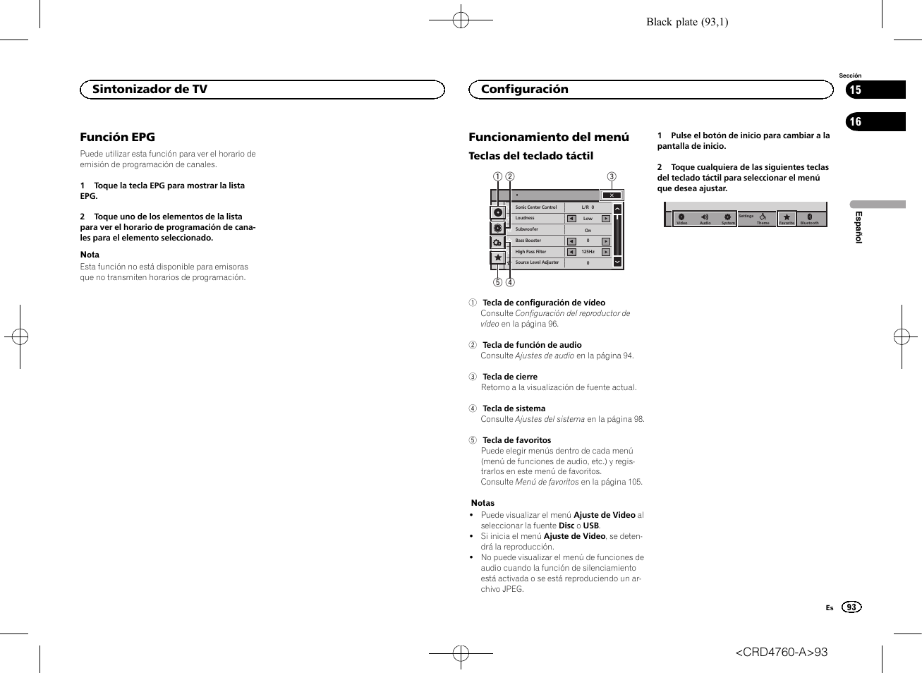 Función epg, Configuración funcionamiento del menú, Funcionamiento del menú | Sintonizador de tv, Configuración, Black plate (93,1) | Pioneer AVH-X2650BT User Manual | Page 93 / 200