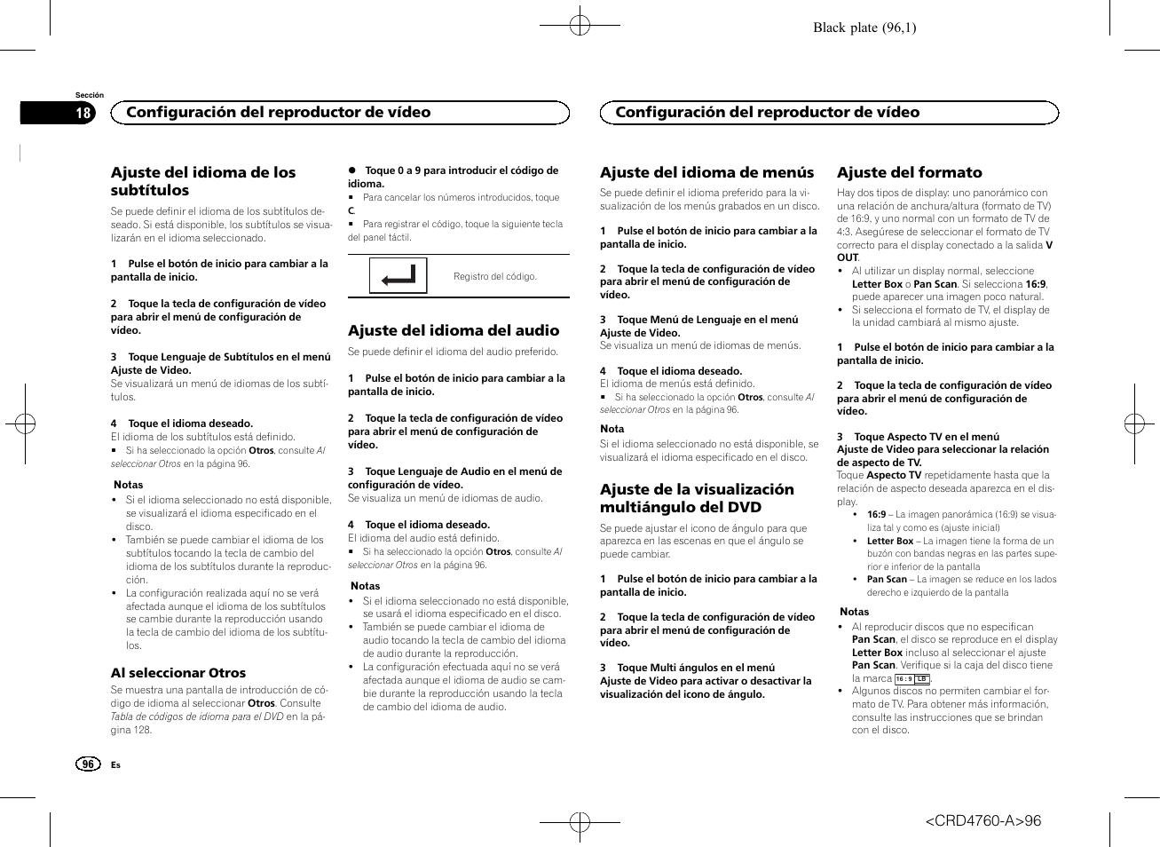 Ajuste del idioma del audio, Ajuste del idioma de menús, Ajuste de la visualización multiángulo del | Ajuste del formato, Ajuste del idioma de los subtítulos, Ajuste de la visualización multiángulo del dvd, Configuración del reproductor de vídeo | Pioneer AVH-X2650BT User Manual | Page 96 / 200