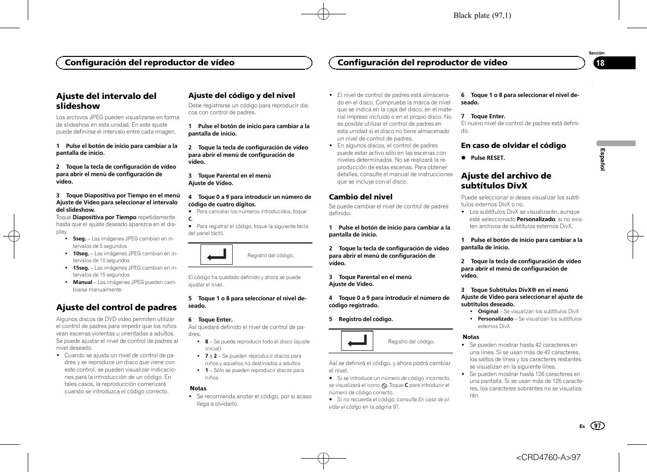 Ajuste del intervalo del slideshow, Ajuste del control de padres, Ajuste del archivo de subtítulos divx | Configuración del reproductor de vídeo | Pioneer AVH-X2650BT User Manual | Page 97 / 200