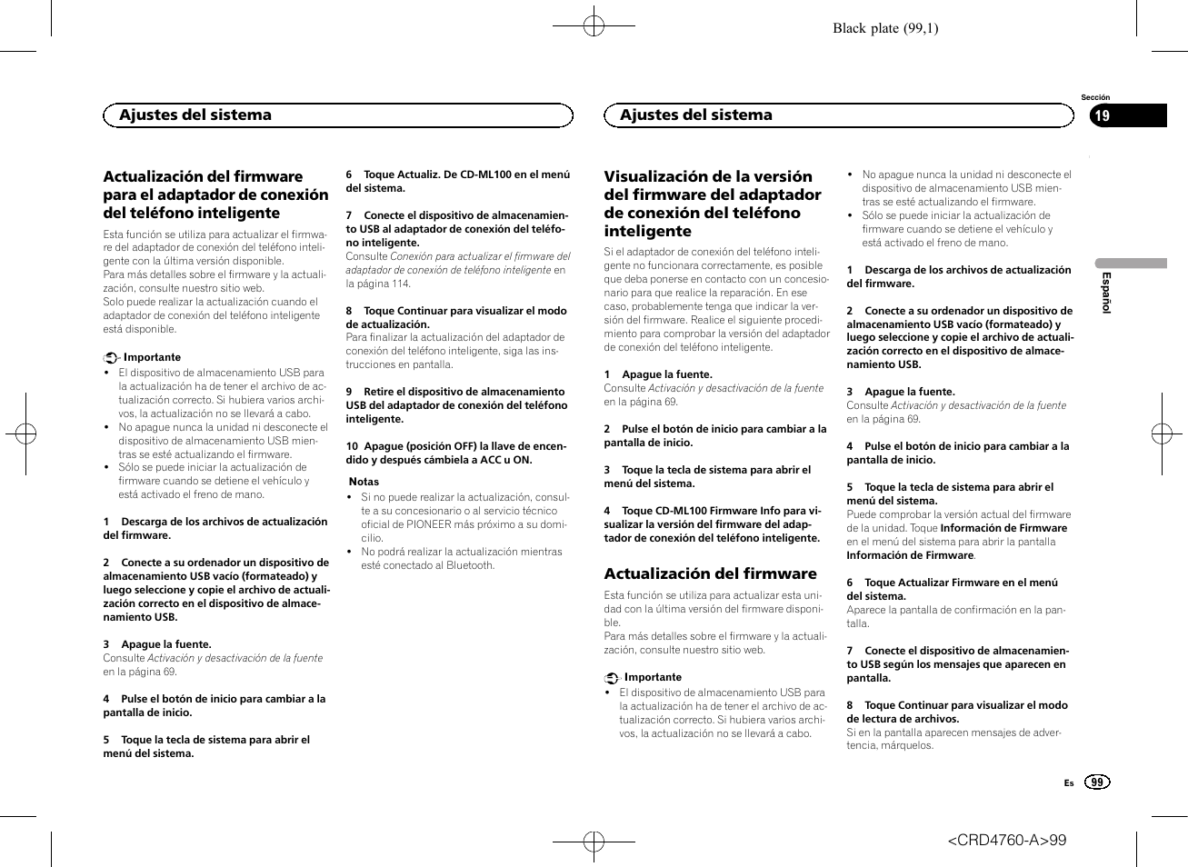 Actualización del firmware para el, Adaptador de conexión del teléfono inteligente, Visualización de la versión del firmware del | Actualización del firmware, Ajustes del sistema | Pioneer AVH-X2650BT User Manual | Page 99 / 200