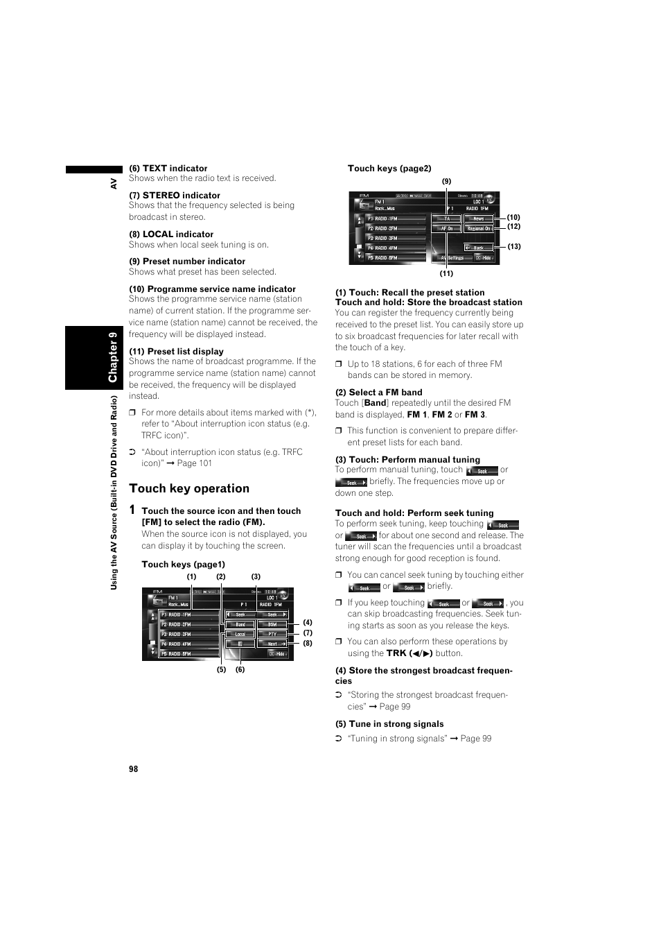 Touch key operation 98, Touch key operation | Pioneer AVIC-HD3 RU User Manual | Page 100 / 194