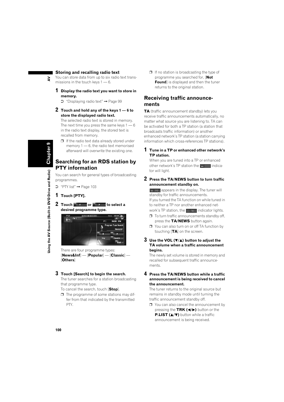 Searching for an rds station by pty, Information 100, Receiving traffic announcements 100 | Searching for an rds station by pty informa, Receiving traffic announcements | Pioneer AVIC-HD3 RU User Manual | Page 102 / 194