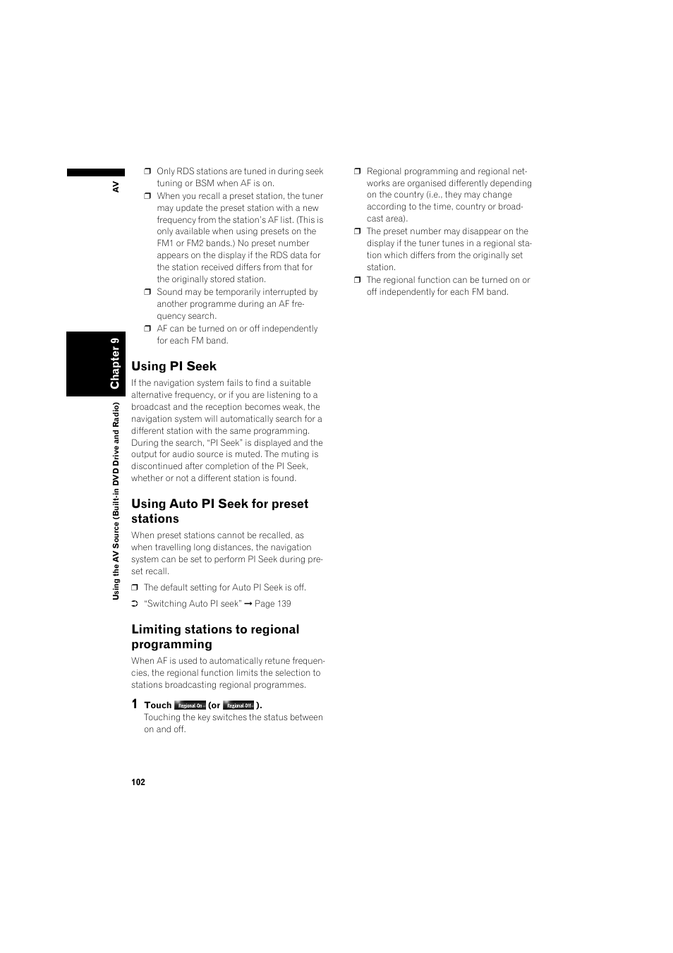 Using pi seek 102, Using auto pi seek for preset stations 102, Limiting stations to regional programming 102 | Limiting stations to regional programming, Using pi seek, Using auto pi seek for preset stations | Pioneer AVIC-HD3 RU User Manual | Page 104 / 194