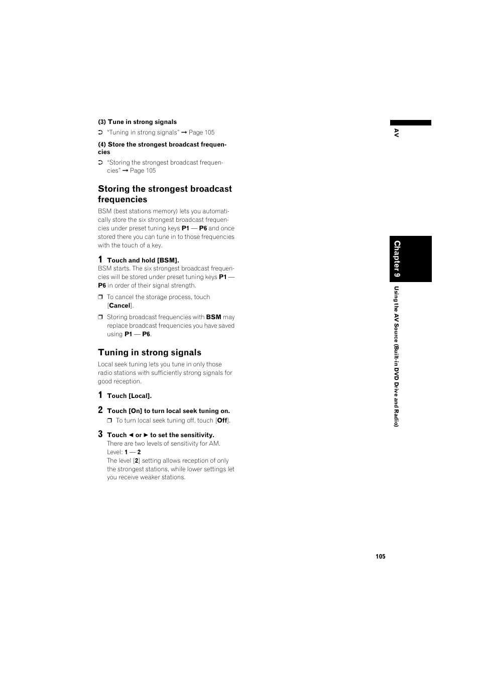 Storing the strongest broadcast, Frequencies 105, Tuning in strong signals 105 | Storing the strongest broadcast frequencies, Tuning in strong signals | Pioneer AVIC-HD3 RU User Manual | Page 107 / 194