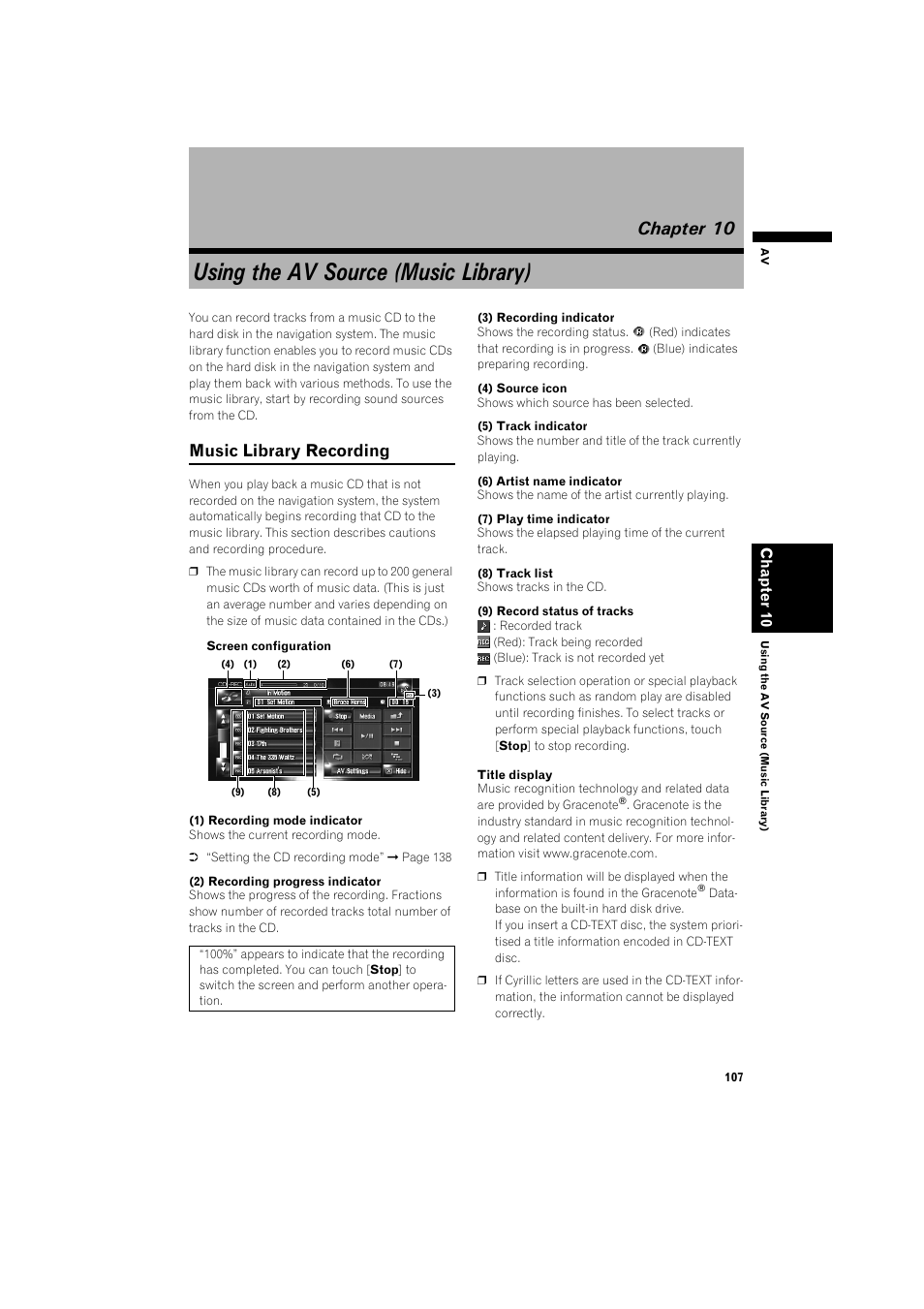 Using the av source (music library), Chapter 10, Using the av source (music li- brary) | Music library recording 107, Music library recording | Pioneer AVIC-HD3 RU User Manual | Page 109 / 194