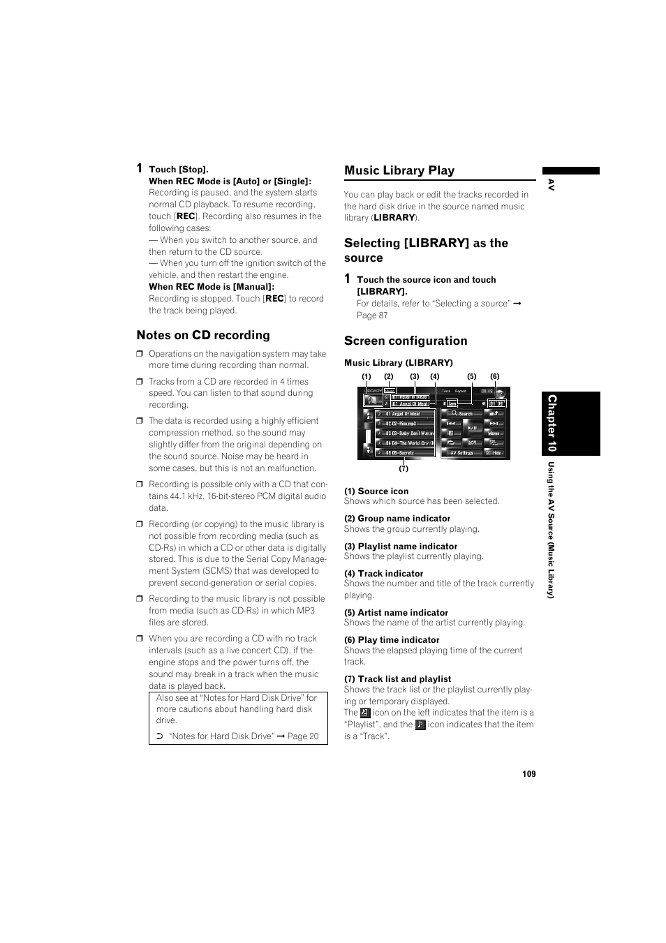 Notes on cd recording 109, Music library play 109, Selecting [library] as the source 109 | Screen configuration 109, Music library play, Selecting [library] as the source, Screen configuration | Pioneer AVIC-HD3 RU User Manual | Page 111 / 194