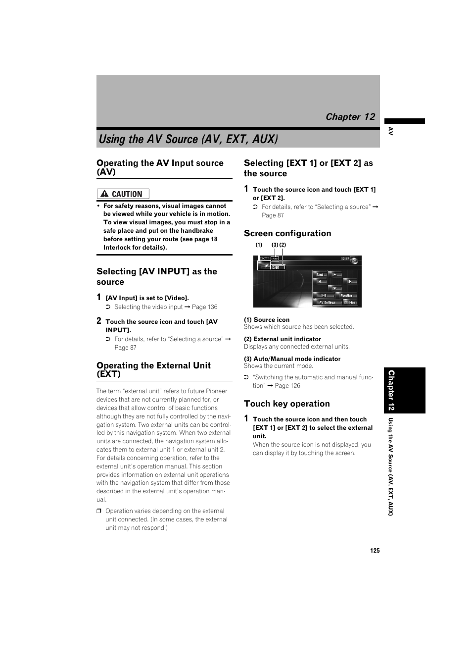 Using the av source (av, ext, aux), Chapter 12, Operating the av input source (av) 125 | Selecting [av input] as the source 125, Operating the external unit (ext) 125, Selecting [ext 1] or [ext 2] as the source 125, Screen configuration 125, Touch key operation 125 | Pioneer AVIC-HD3 RU User Manual | Page 127 / 194