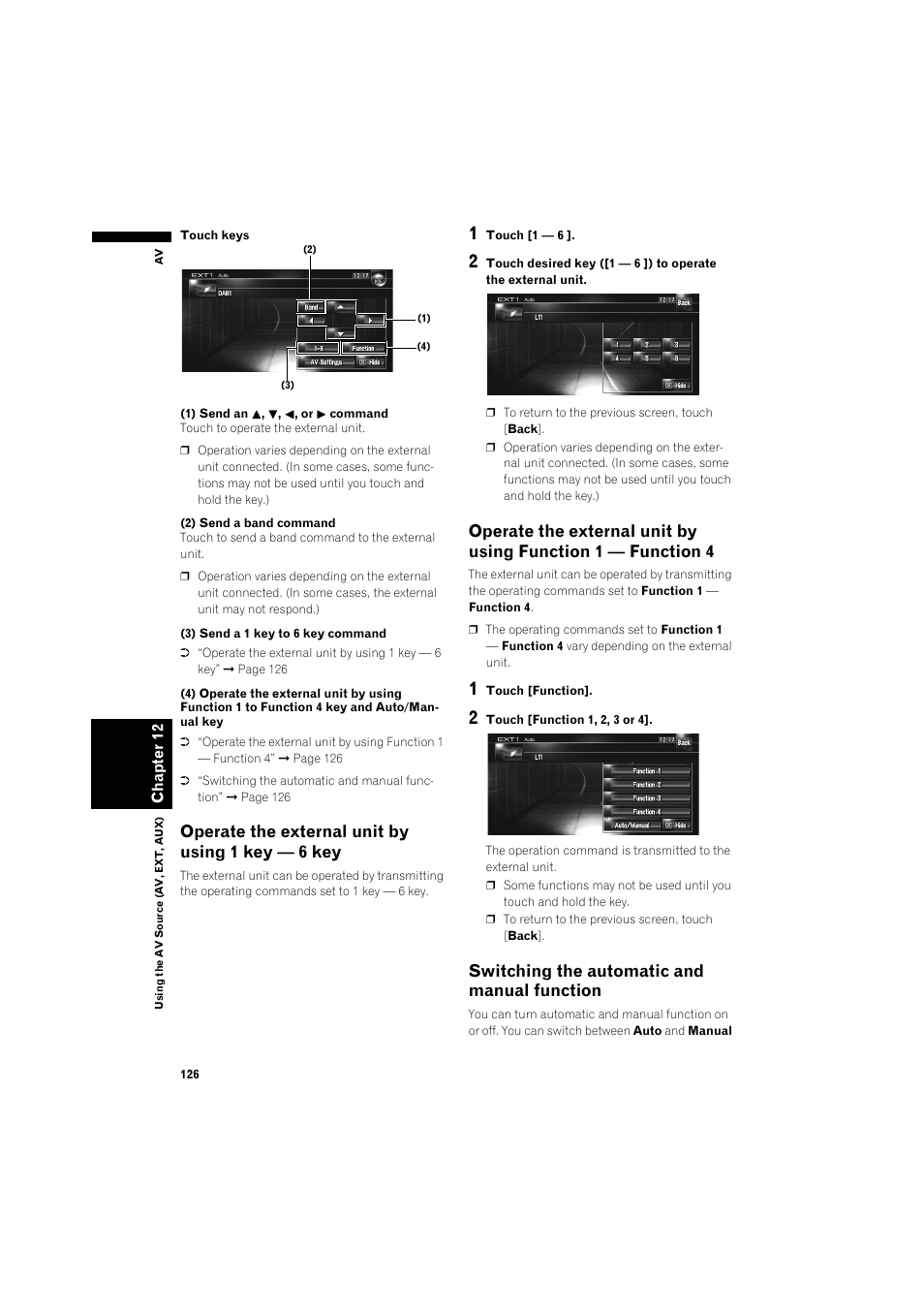 Operate the external unit by using 1 key — 6, Key 126, Operate the external unit by using function 1 | Function 4 126, Switching the automatic and manual, Function 126, Switching the automatic and manual func, Operate the external unit by using 1 key — 6 key, Switching the automatic and manual function | Pioneer AVIC-HD3 RU User Manual | Page 128 / 194