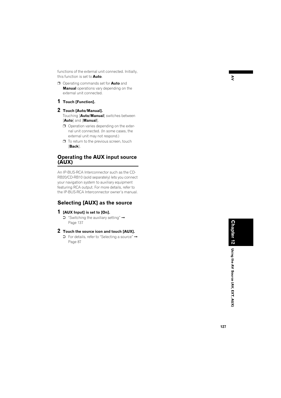 Operating the aux input source (aux) 127, Selecting [aux] as the source 127 | Pioneer AVIC-HD3 RU User Manual | Page 129 / 194