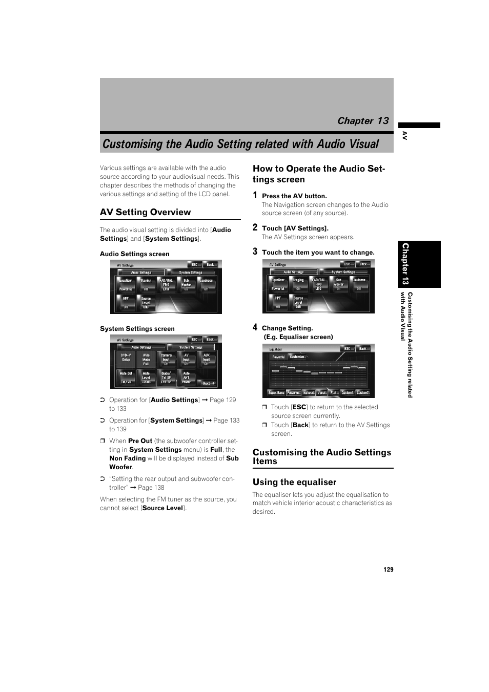 Chapter 13, Av setting overview 129, How to operate the audio settings screen 129 | Customising the audio settings items 129, Using the equaliser 129 | Pioneer AVIC-HD3 RU User Manual | Page 131 / 194