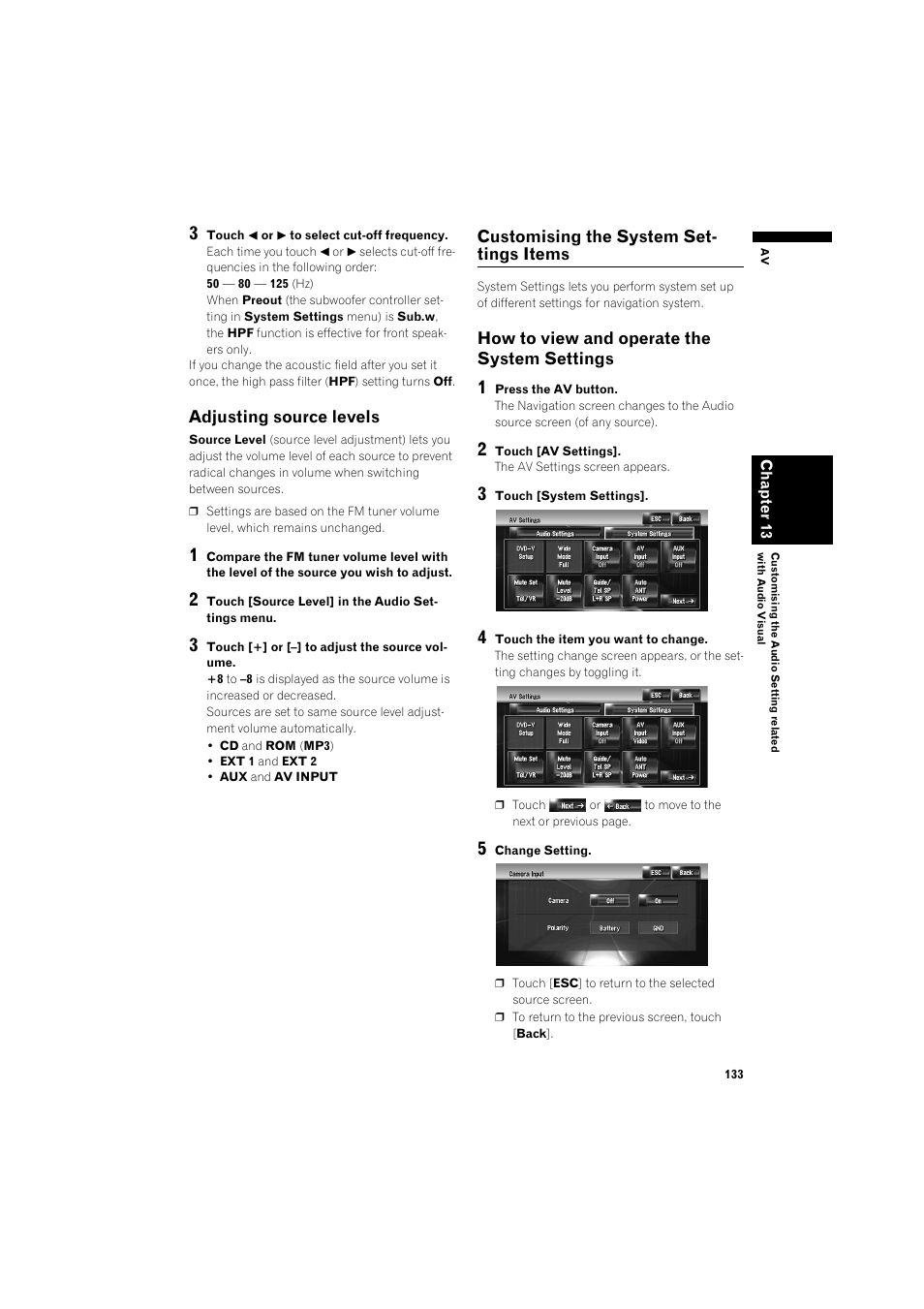 Adjusting source levels 133, Customising the system settings items 133, How to view and operate the system | Settings 133, To 133 | Pioneer AVIC-HD3 RU User Manual | Page 135 / 194