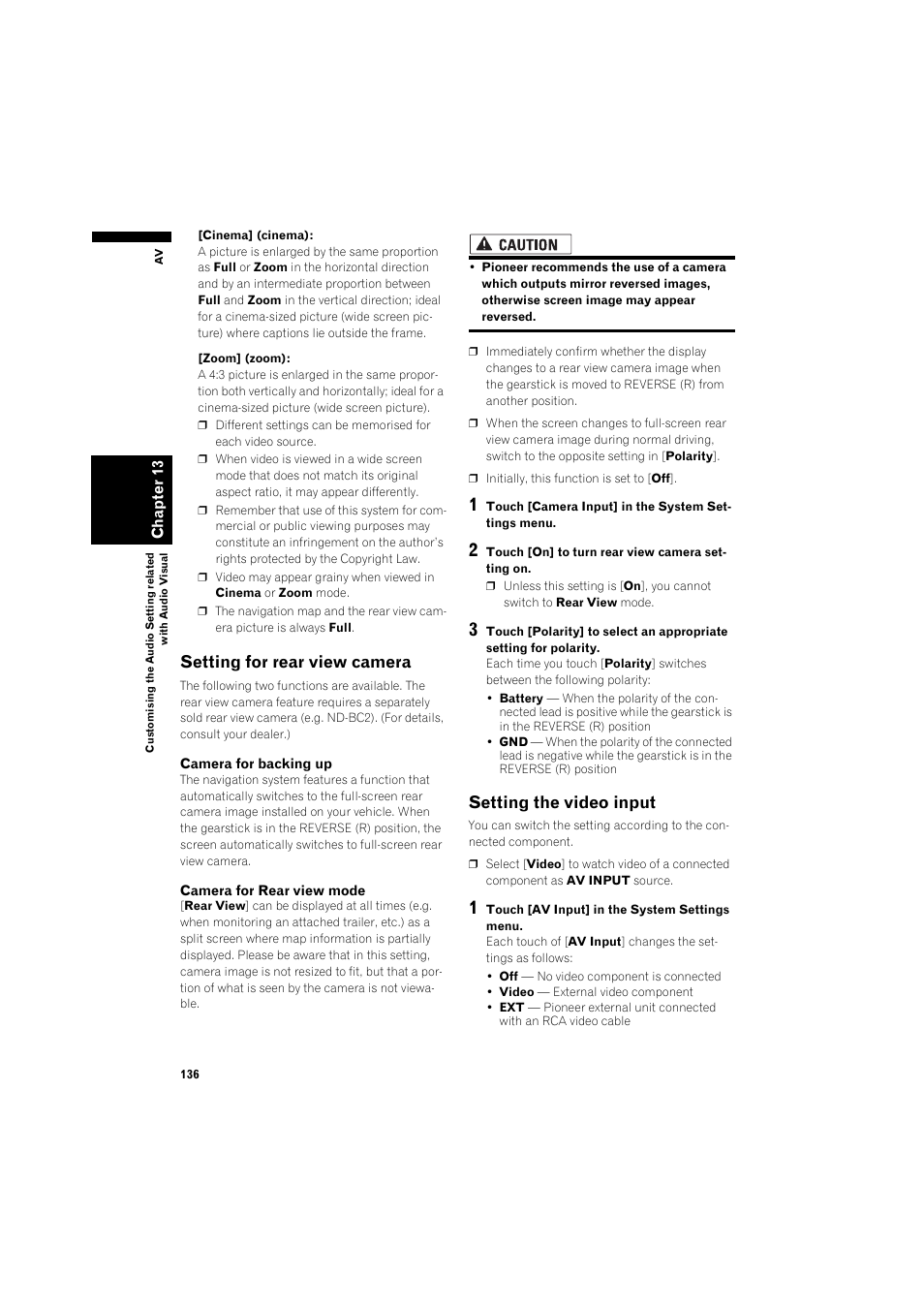 Setting for rear view camera 136, Setting the video input 136, Setting for rear view camera | Setting the video input | Pioneer AVIC-HD3 RU User Manual | Page 138 / 194