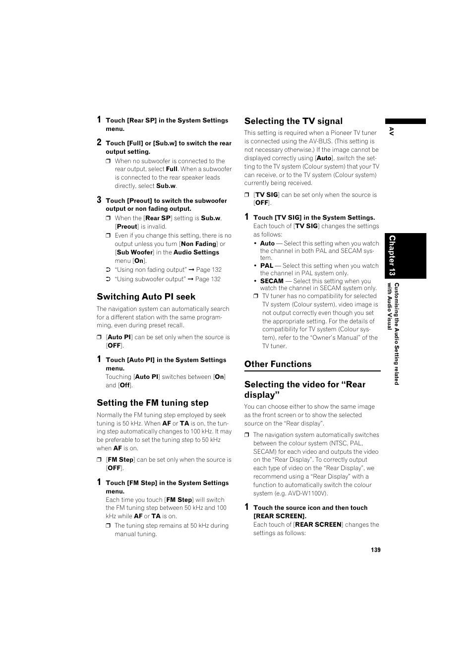 Switching auto pi seek 139, Setting the fm tuning step 139, Selecting the tv signal 139 | Other functions 139, Selecting the video for “rear display” 139, To 139, Switching auto pi seek, Setting the fm tuning step, Selecting the tv signal | Pioneer AVIC-HD3 RU User Manual | Page 141 / 194