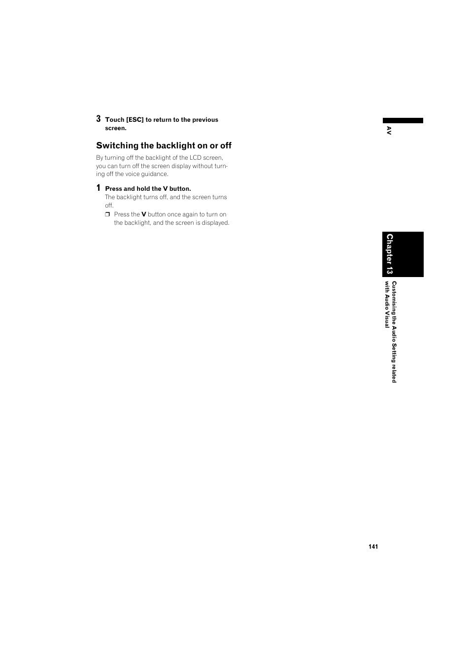 Switching the backlight on or off 141, Switching the backlight on or off | Pioneer AVIC-HD3 RU User Manual | Page 143 / 194