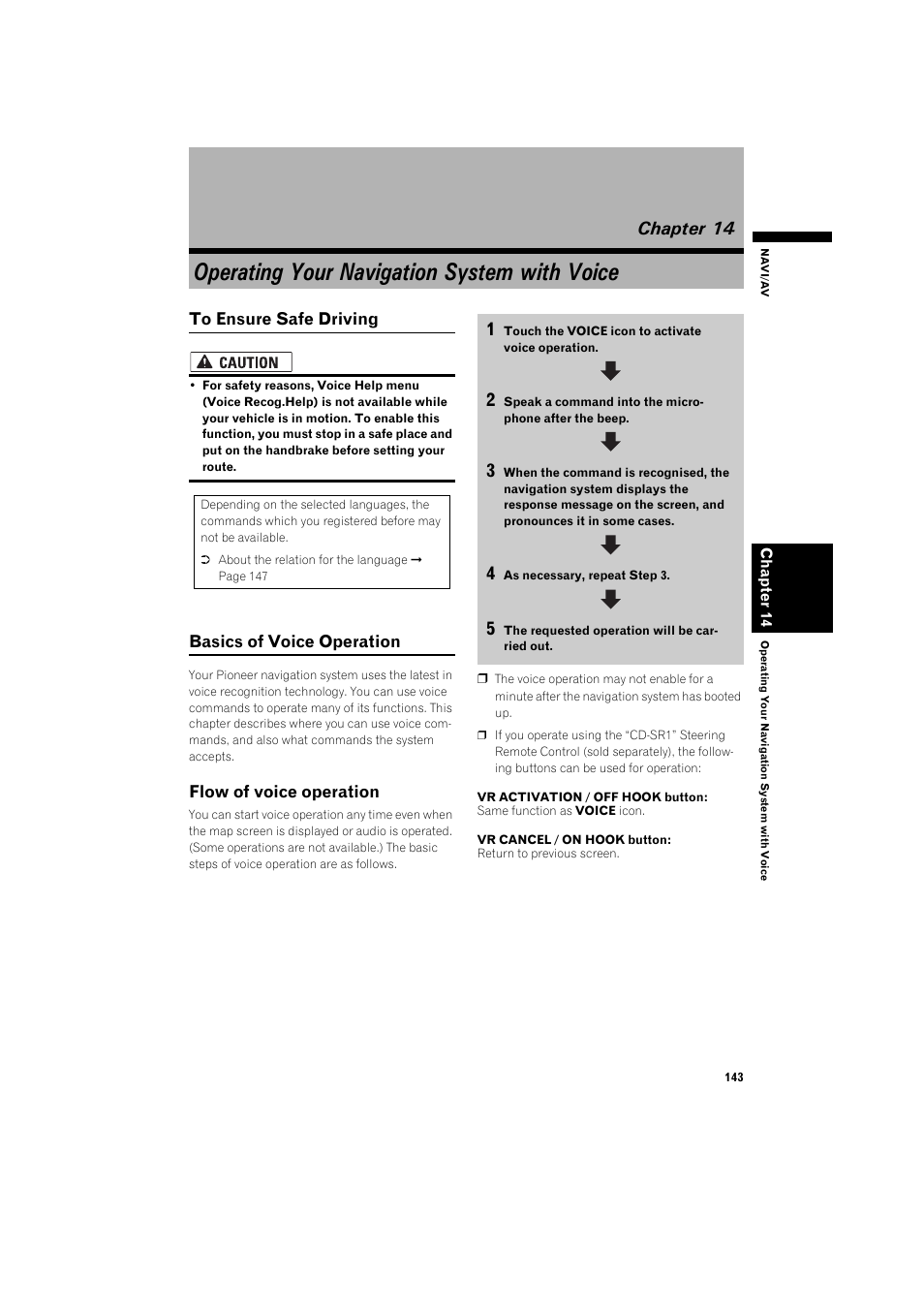 Operating your navigation system with voice, Chapter 14, Flow of voice operation 143 | Pioneer AVIC-HD3 RU User Manual | Page 145 / 194