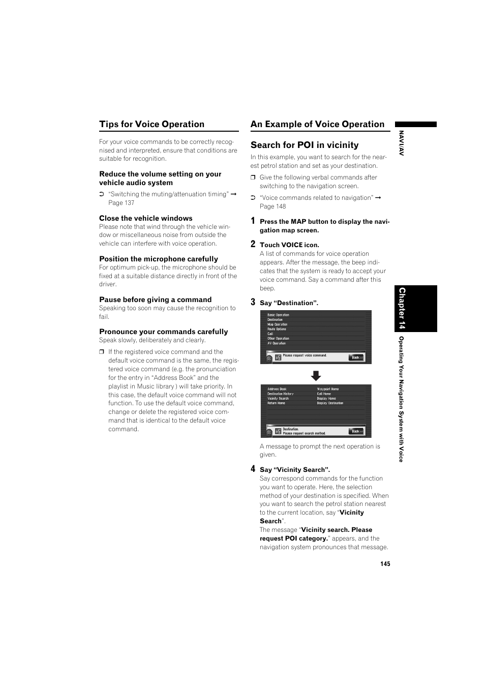 Search for poi in vicinity 145, Tips for voice operation | Pioneer AVIC-HD3 RU User Manual | Page 147 / 194