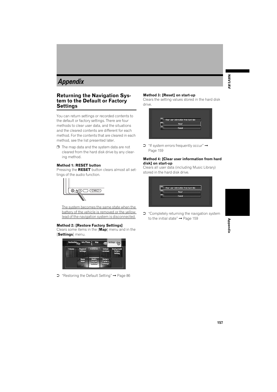 Appendix, Returning the navigation system to the default or, Factory settings 157 | Pioneer AVIC-HD3 RU User Manual | Page 159 / 194