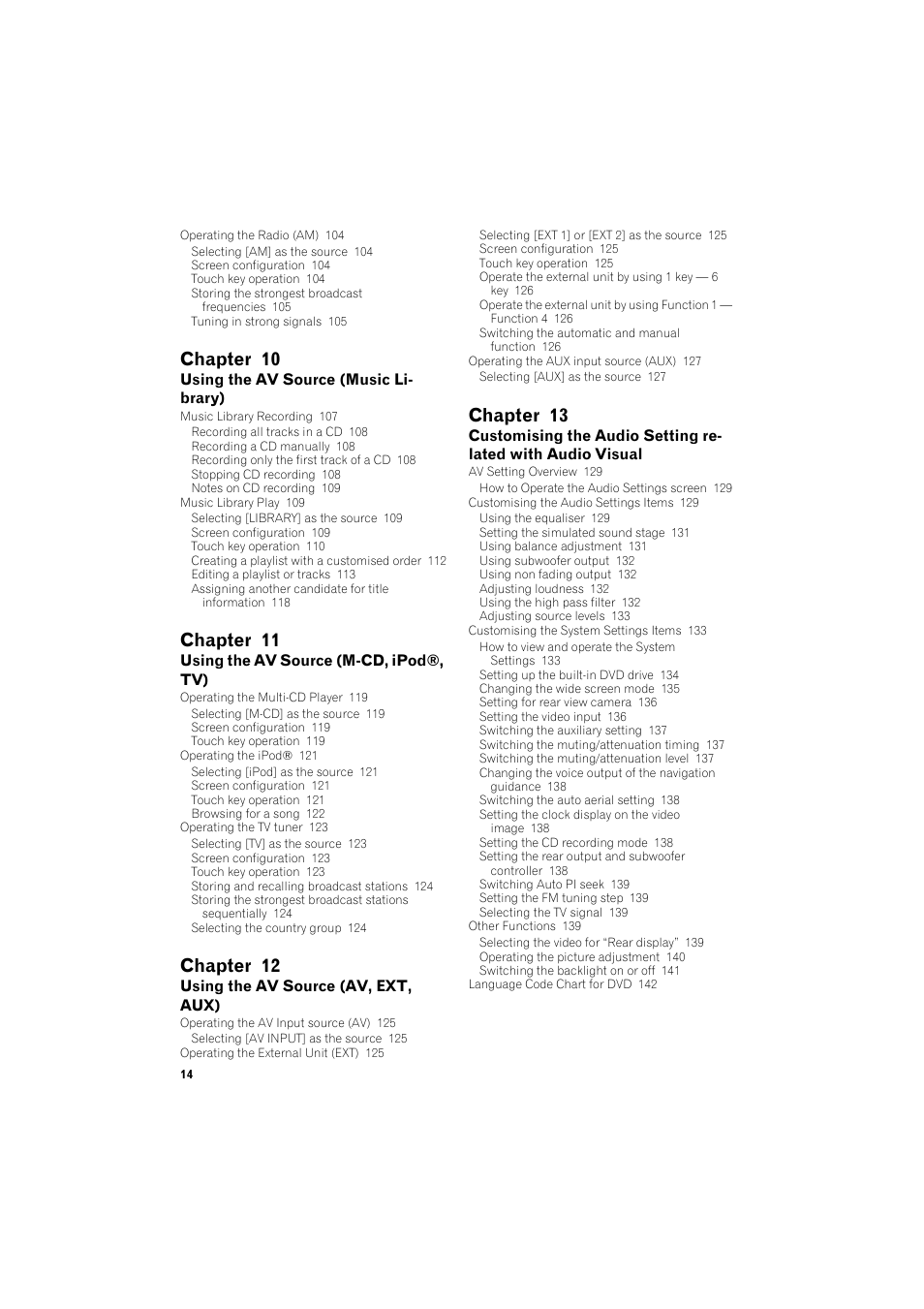 Chapter 10, Chapter 11, Chapter 12 | Chapter 13 | Pioneer AVIC-HD3 RU User Manual | Page 16 / 194