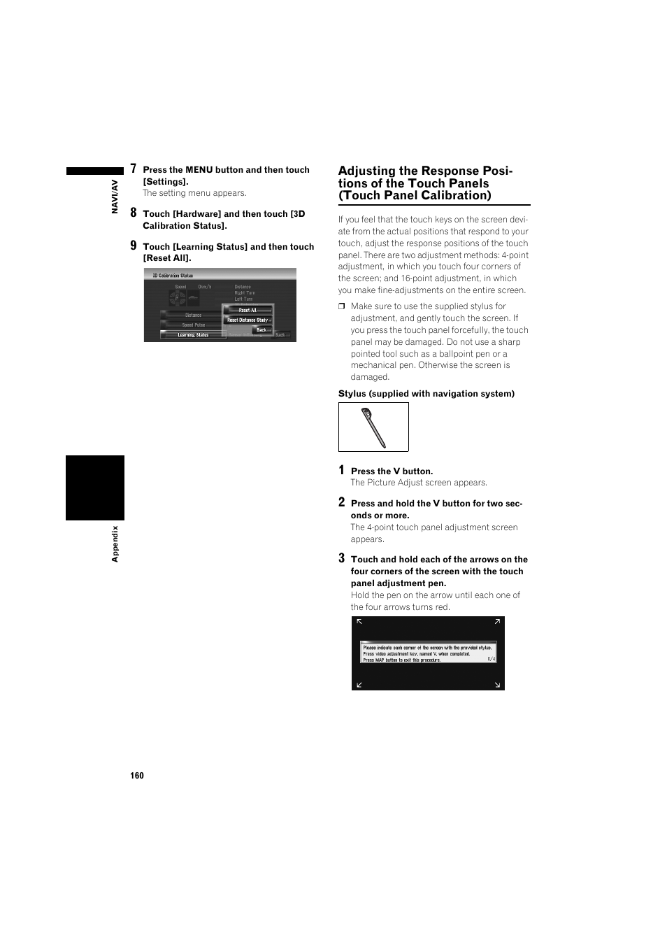 Adjusting the response positions of the touch, Panels (touch panel calibration) 160 | Pioneer AVIC-HD3 RU User Manual | Page 162 / 194