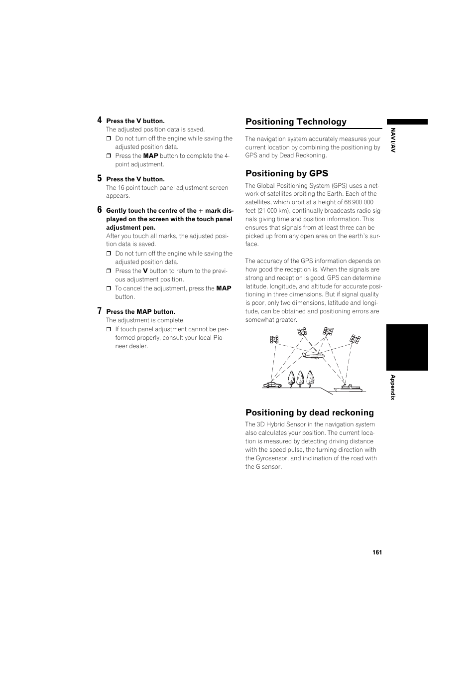 Positioning technology 161, Positioning by gps 161, Positioning by dead reckoning 161 | Positioning technology, Positioning by gps, Positioning by dead reckoning | Pioneer AVIC-HD3 RU User Manual | Page 163 / 194