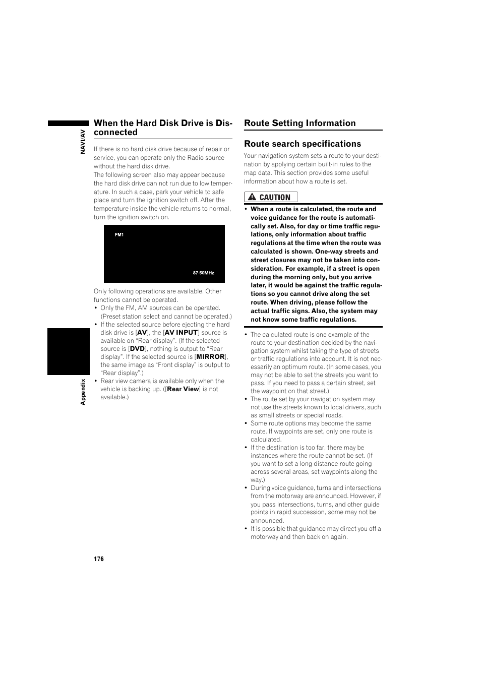 Route search specifications 176, When the hard disk drive is dis- connected | Pioneer AVIC-HD3 RU User Manual | Page 178 / 194