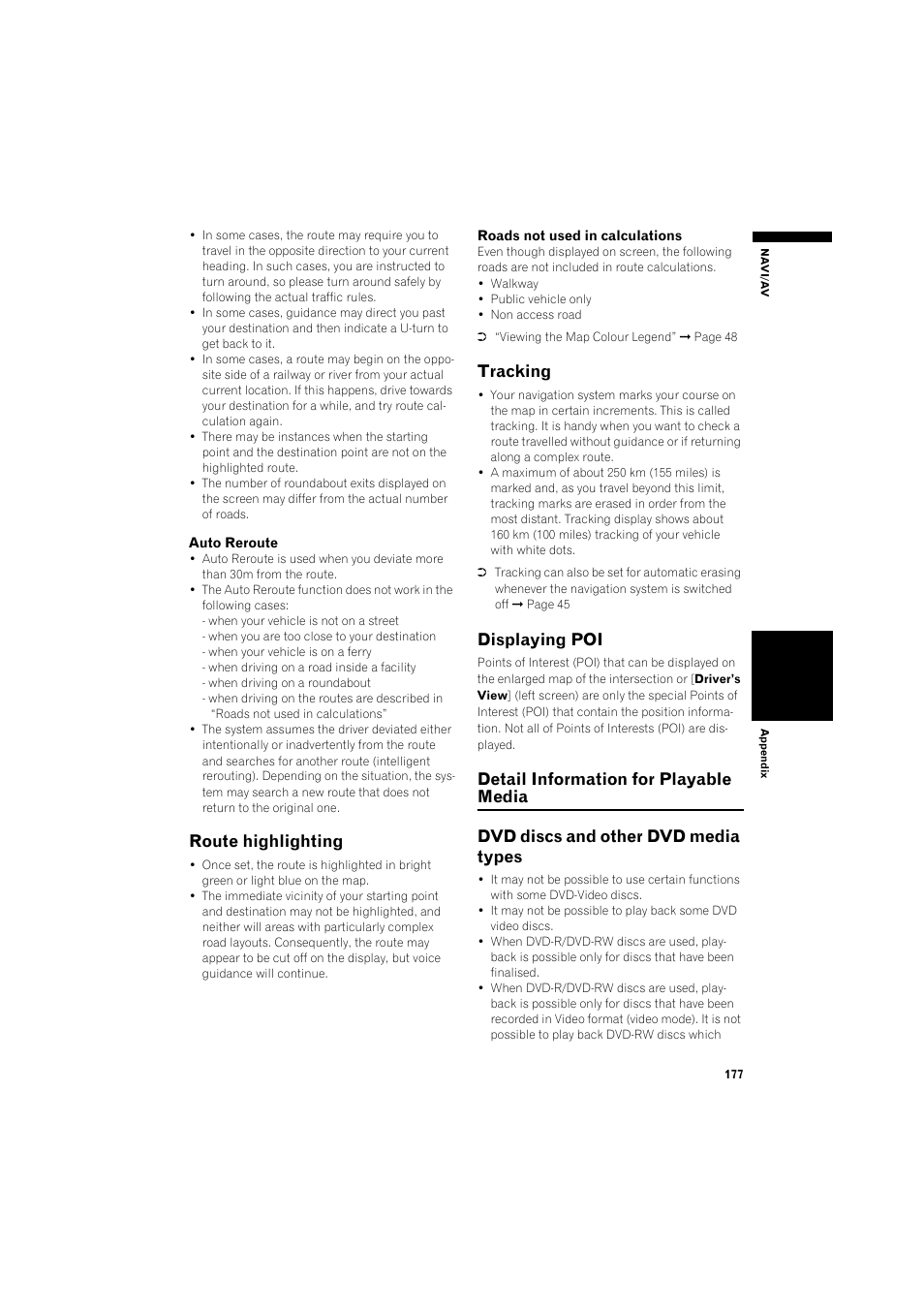 Route highlighting 177, Tracking 177, Displaying poi 177 | Detail information for playable media 177, Dvd discs and other dvd media types 177, Route highlighting, Tracking, Displaying poi | Pioneer AVIC-HD3 RU User Manual | Page 179 / 194