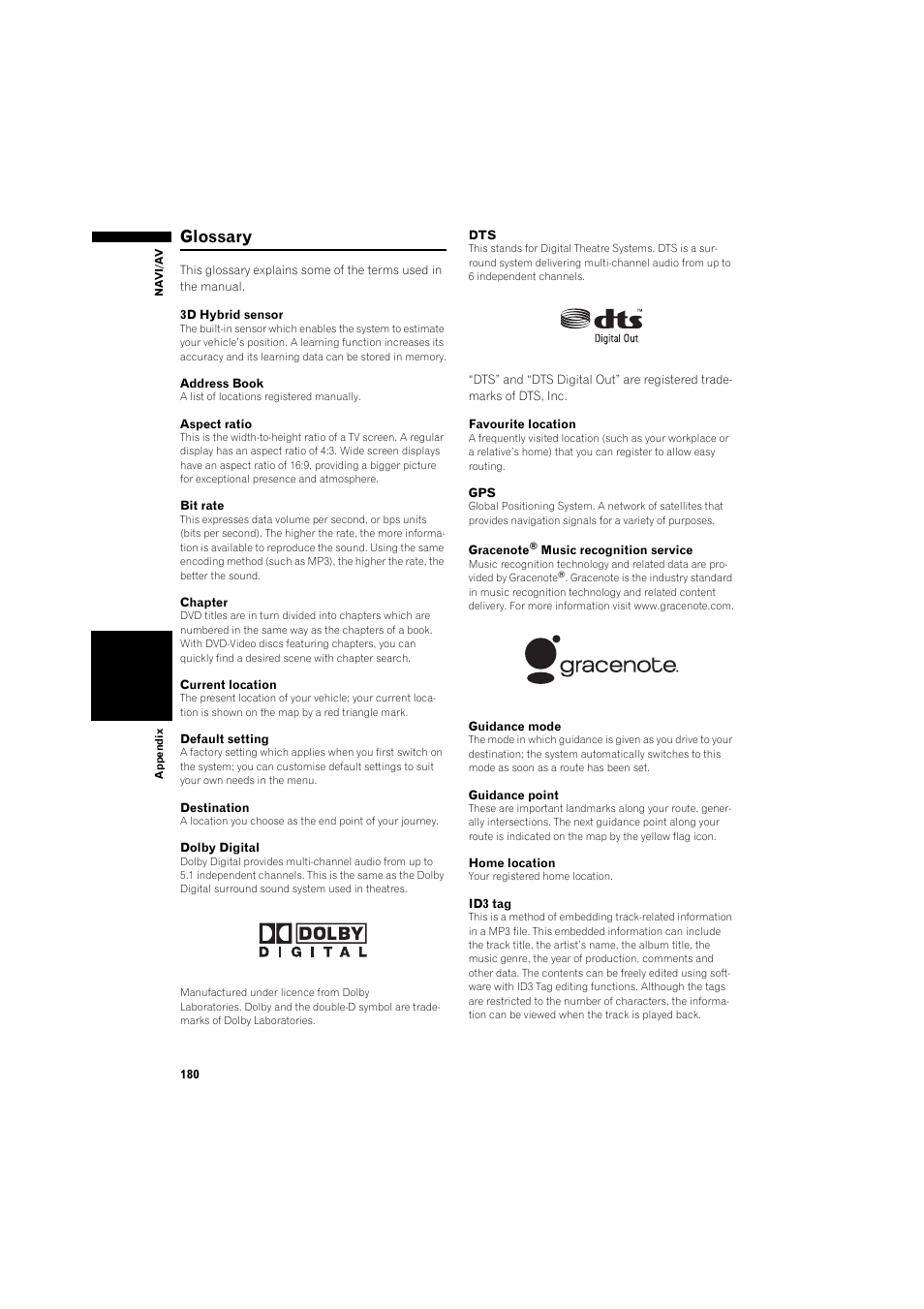 Glossary 180, Glossary | Pioneer AVIC-HD3 RU User Manual | Page 182 / 194