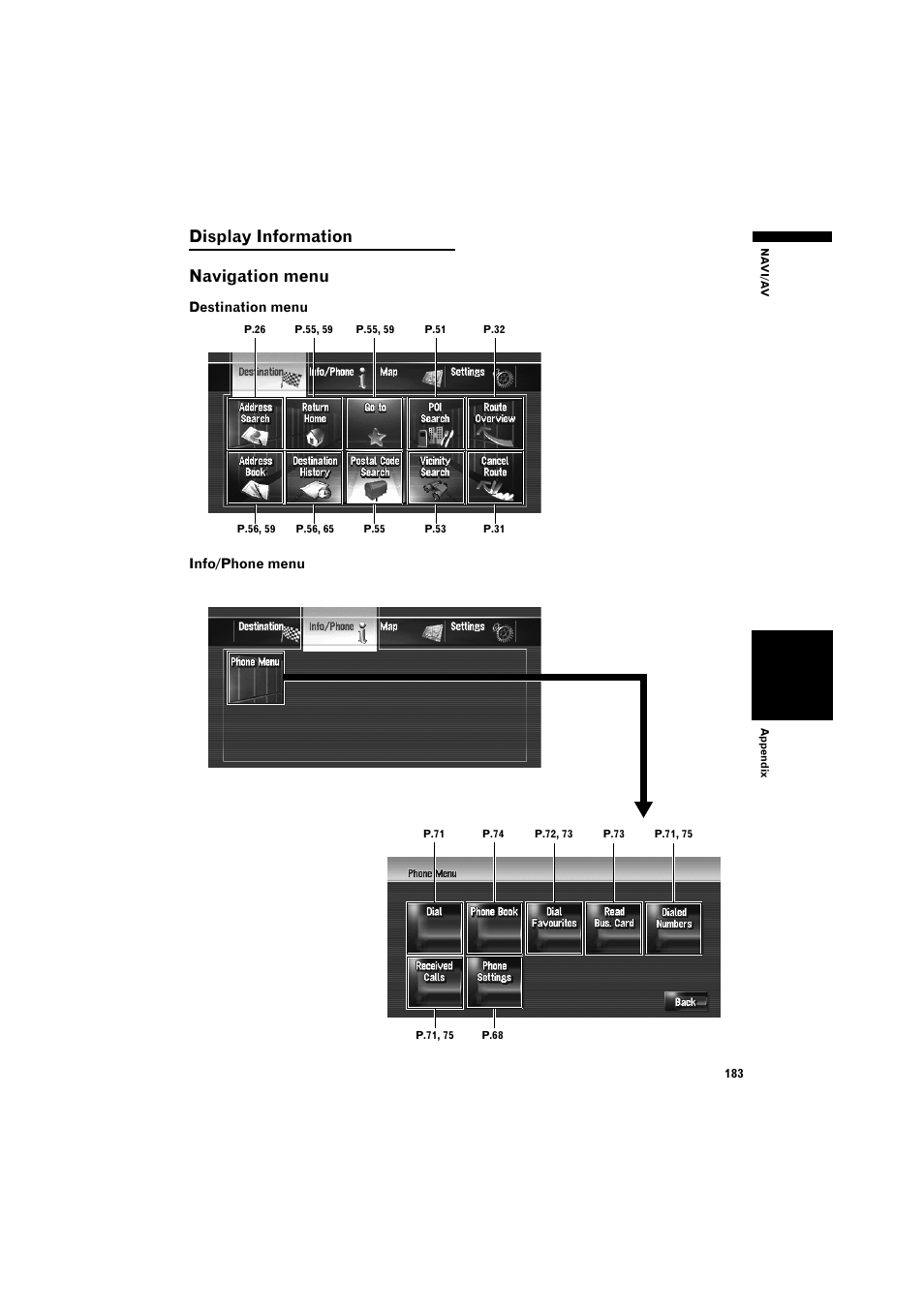 Display information ” at th, Display information, Display information 183 | Navigation menu 183, Display information navigation menu | Pioneer AVIC-HD3 RU User Manual | Page 185 / 194