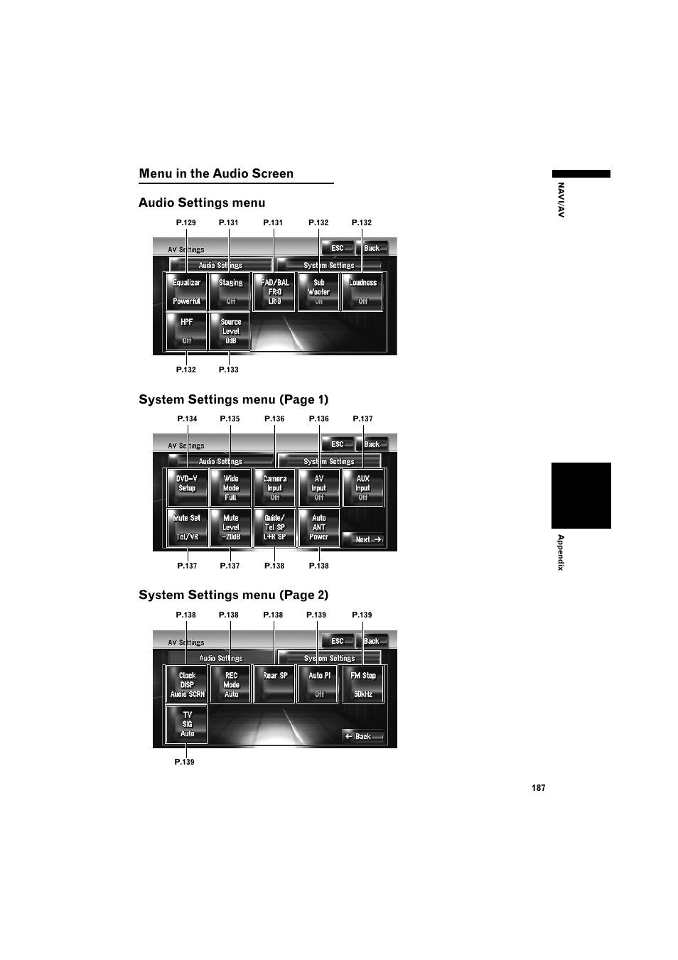 Menu in the audio screen 187, Audio settings menu 187 | Pioneer AVIC-HD3 RU User Manual | Page 189 / 194