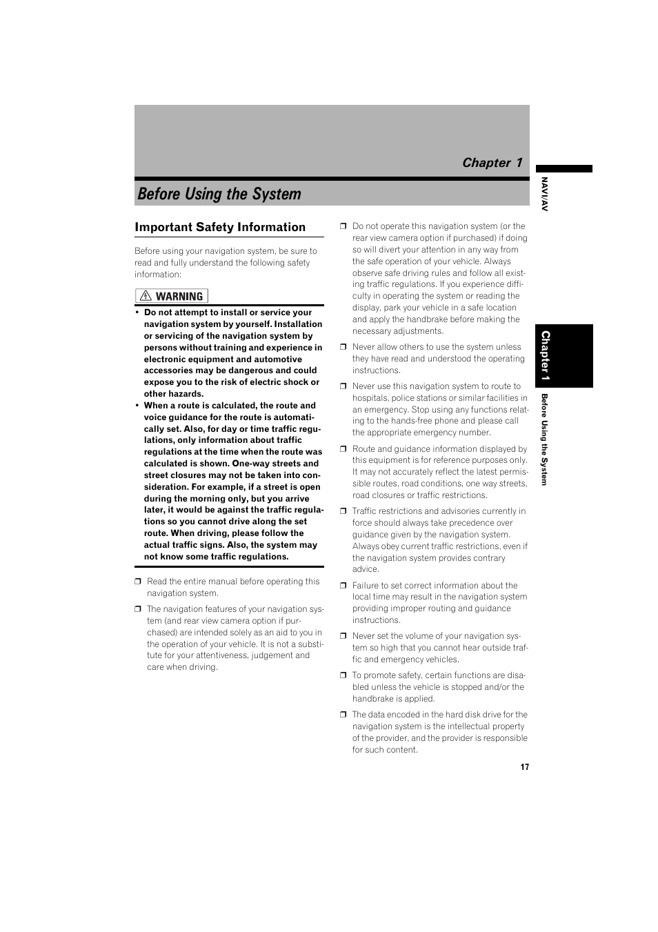 Before using the system, Chapter 1, Important safety information 17 | Important safety information | Pioneer AVIC-HD3 RU User Manual | Page 19 / 194