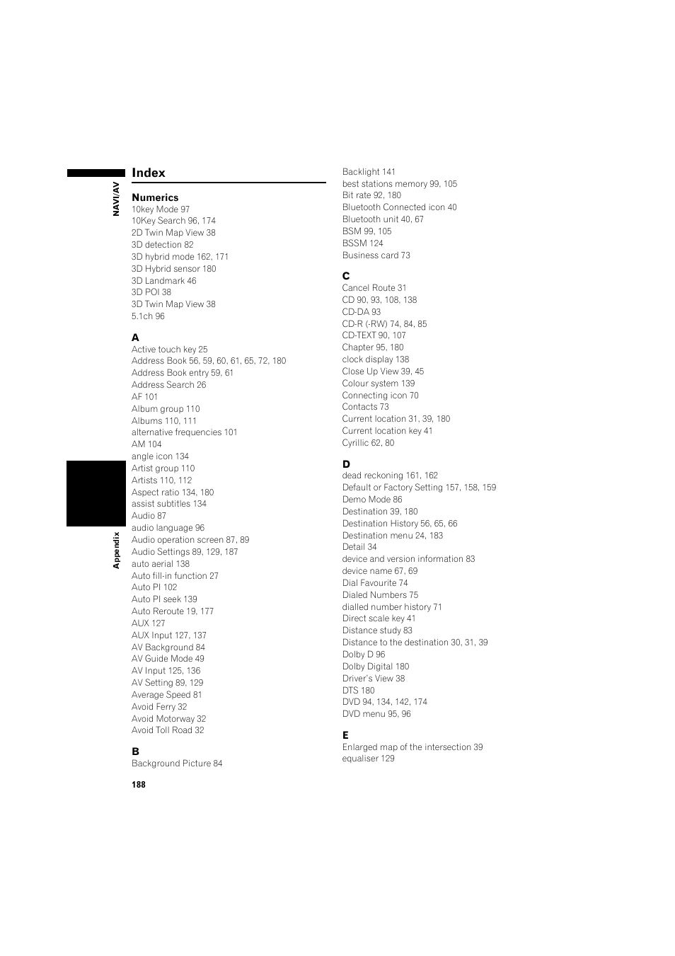 Index 188, Index | Pioneer AVIC-HD3 RU User Manual | Page 190 / 194