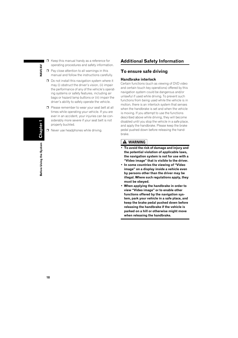 Additional safety information 18, To ensure safe driving 18 | Pioneer AVIC-HD3 RU User Manual | Page 20 / 194