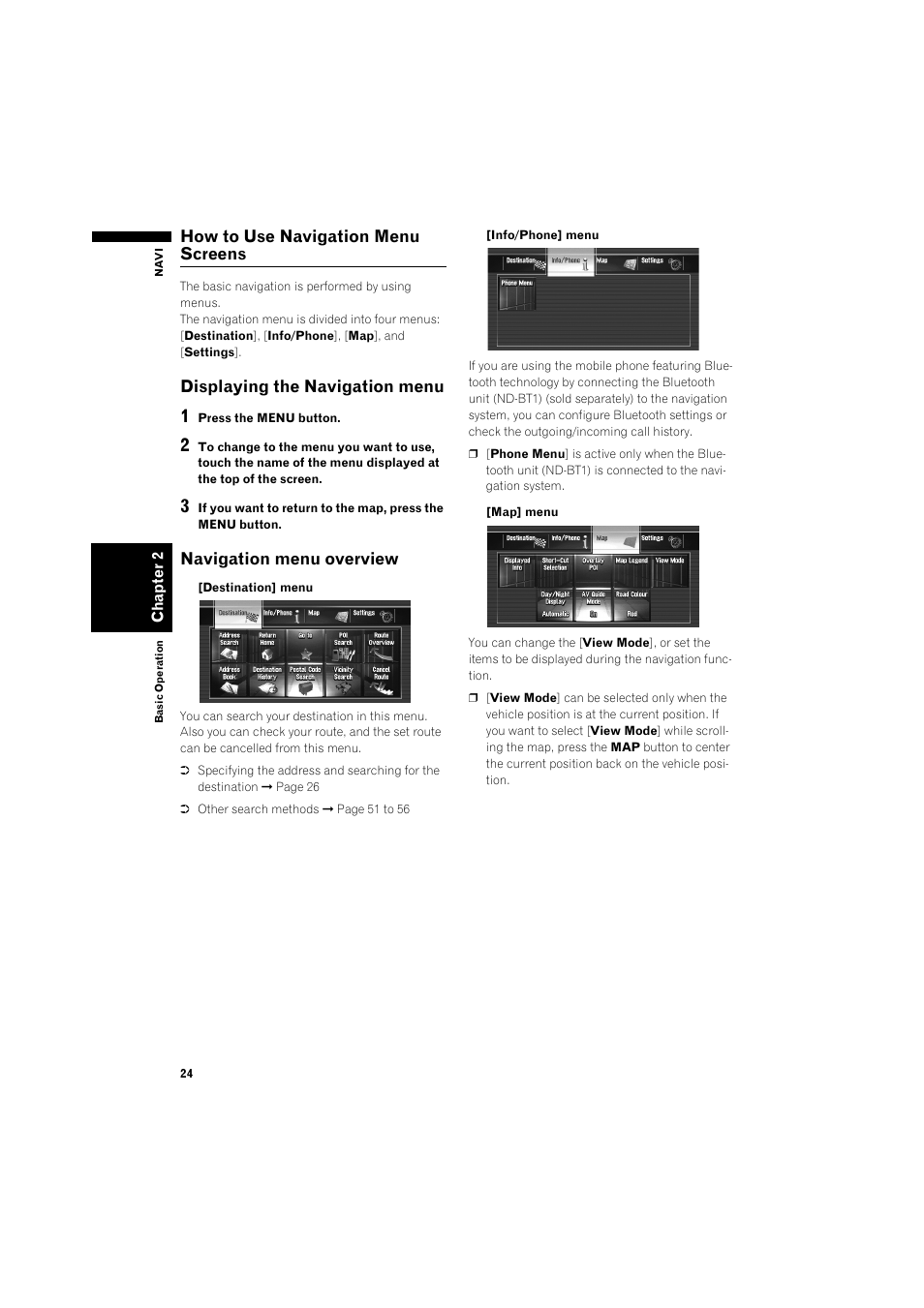 How to use navigation menu screens 24, Displaying the navigation menu 24, Navigation menu overview 24 | How to use navigation menu screens, Displaying the navigation menu, Navigation menu overview | Pioneer AVIC-HD3 RU User Manual | Page 26 / 194