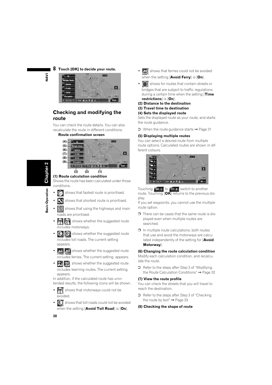 Checking and modifying the route 30, Checking and modifying the route | Pioneer AVIC-HD3 RU User Manual | Page 32 / 194