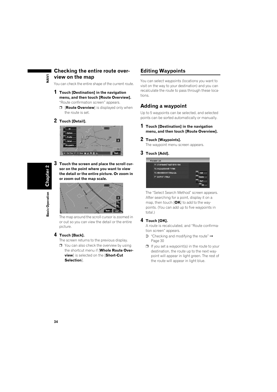 Checking the entire route overview on the, Map 34, Editing waypoints 34 | Adding a waypoint 34, 2 of “checking, The entire route overview on the map | Pioneer AVIC-HD3 RU User Manual | Page 36 / 194