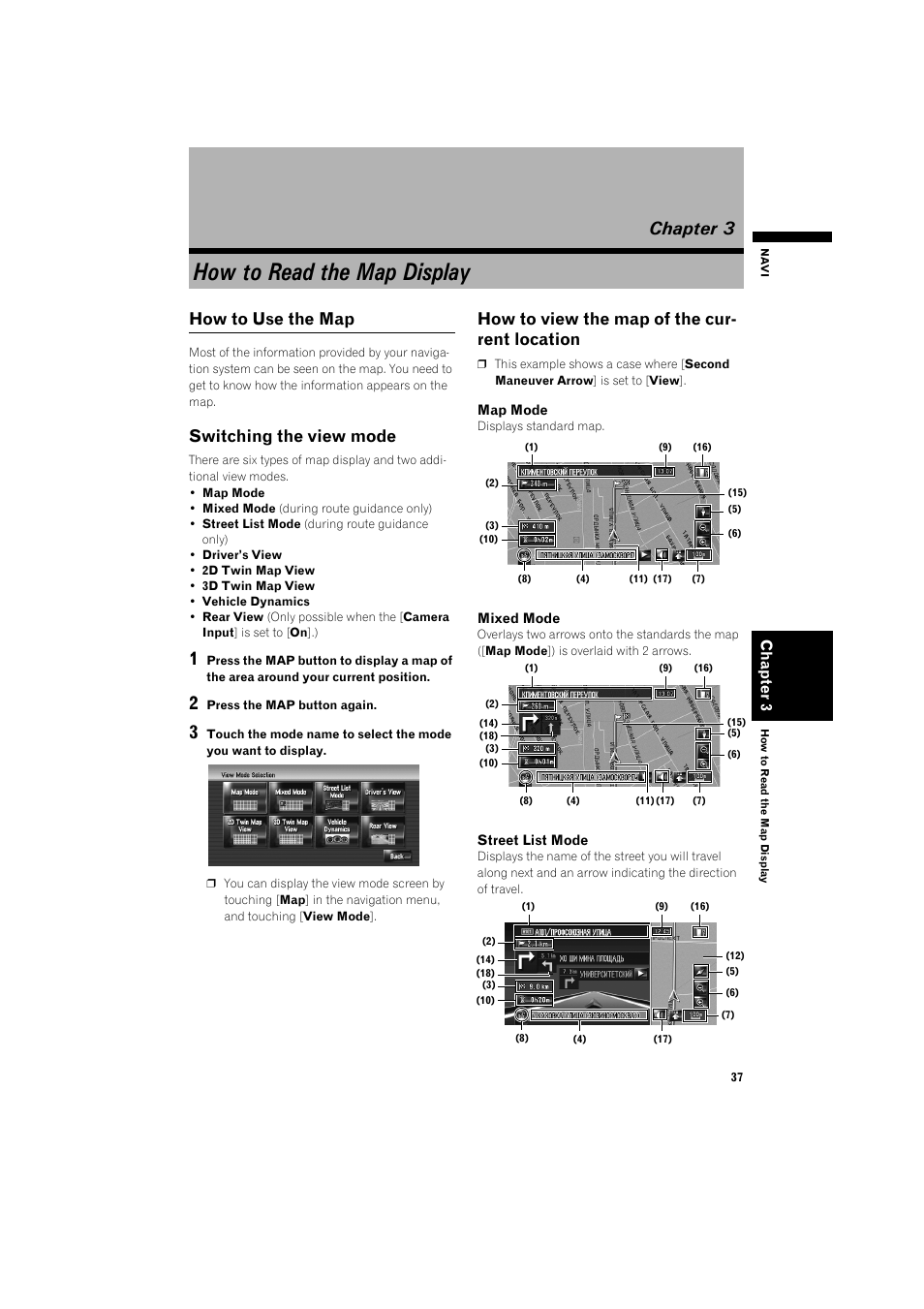 How to read the map display, Chapter 3, How to use the map 37 | Switching the view mode 37, How to view the map of the current location 37, Tion screen, How to use the map, Switching the view mode, How to view the map of the cur- rent location | Pioneer AVIC-HD3 RU User Manual | Page 39 / 194