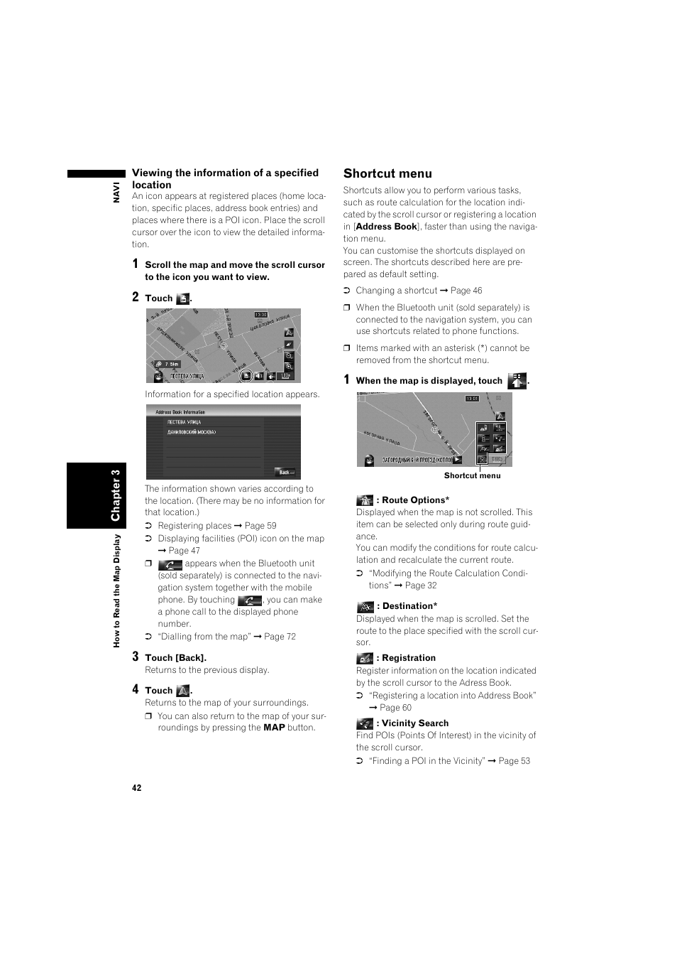 Shortcut menu 42, Shortcut menu | Pioneer AVIC-HD3 RU User Manual | Page 44 / 194