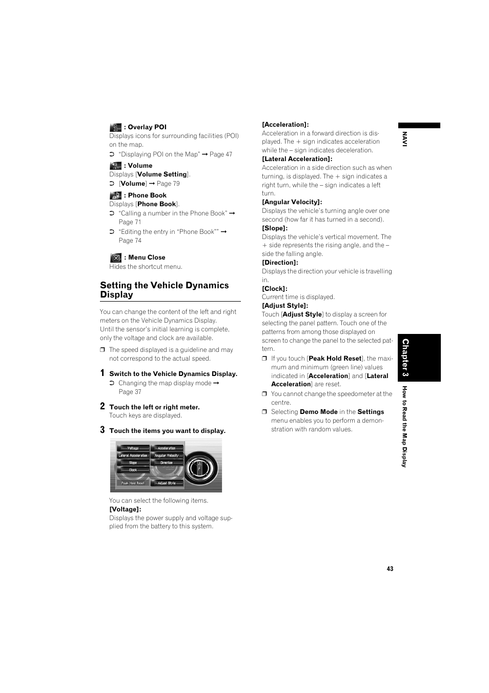 Setting the vehicle dynamics display 43, Setting the vehicle dynamics display | Pioneer AVIC-HD3 RU User Manual | Page 45 / 194